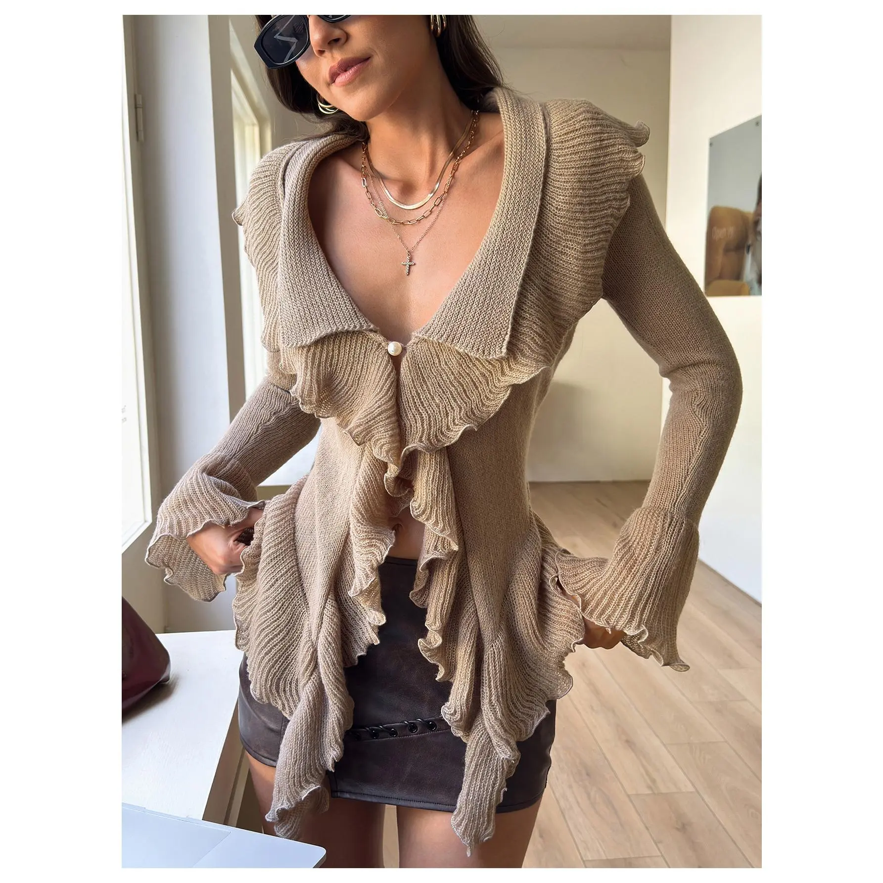 Y2K Amplova Women's Fashionable Sweet Ruffle Flare Sleeve Cardigan, Autumn/Winter Thanksgiving