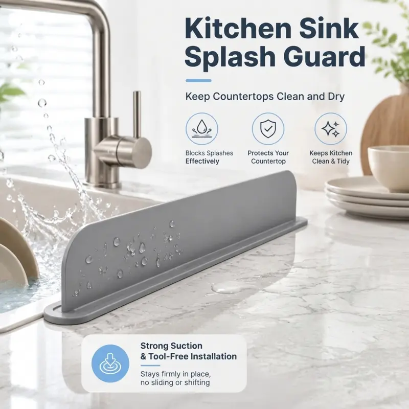 Silicone Kitchen Sink Splash Guard With Strong Suction Cups Tool-Free Installation Water Block Strip To Prevent Water Splashing Onto Countertop