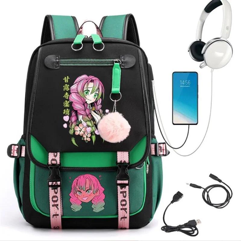 Demon Slayer Kanroji Mitsuri Backpacks Teenarges Schoolbag Anime USB Charge Laptop Travel Outdoor Bag Color Blocking Mochila