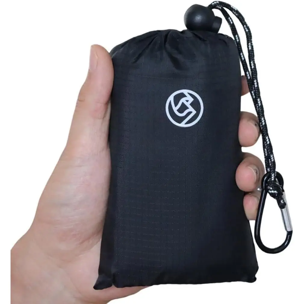 Outdoor Pocket Blanket, 55"x39"  Foldable Compact Small Picnic Blanket, Ultralight Tarp for Camping, Festival, Beach, Hiking, Backpacking, Travel, Stakes Included (Black)