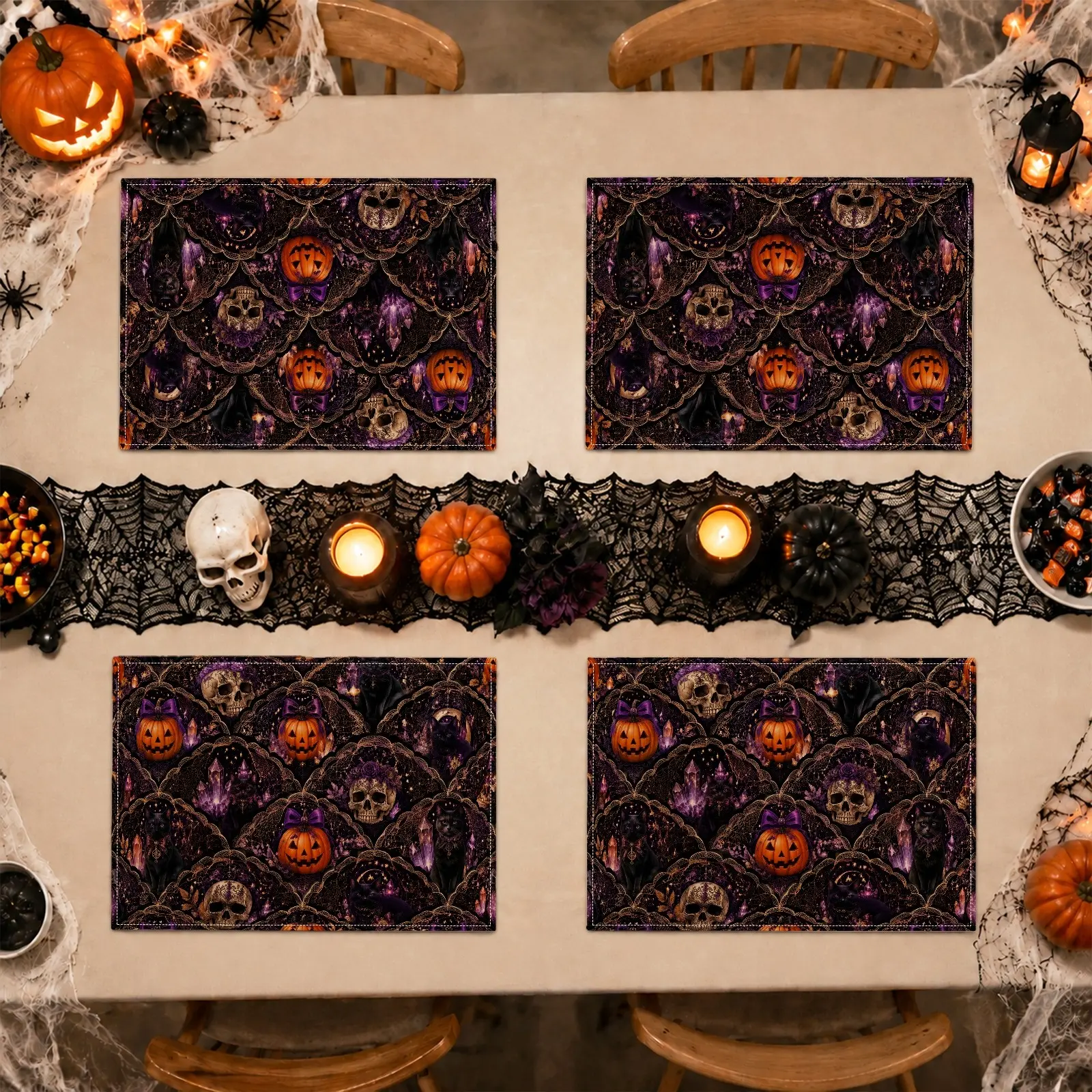 4/6pcs Skull Pumpkin Placemats, Dark Gothic Halloween Scallop Pattern, Repeating Human Skulls Jack O Lanterns Purple Crystals Bats and Ornamental Arches, for Dining Table Kitchen Halloween Party and Haunted Home Decor