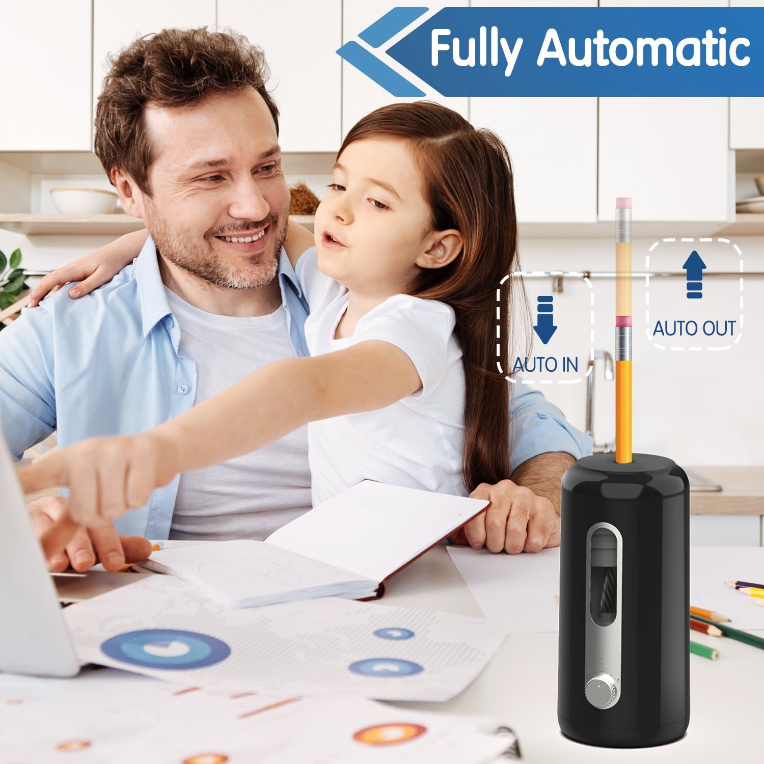 Electric Pencil Sharpener, Fully Automatic Pencil Sharpener, Auto in & Out, Rechargeable Hands-Free Pencil Sharpener for 6.9-12mm, Home, Classroom,  Operated, Black