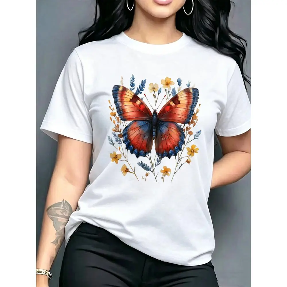 Butterfly Women's Round Neck Short Sleeve T-Shirt with Colorful Butterfly Floral Print, Fresh and Pastoral Style Top,  Breathable, Soft, Loose Fit, Suitable for Various Body Types, Ideal for Daily Shopping, Outdoor Travel, S