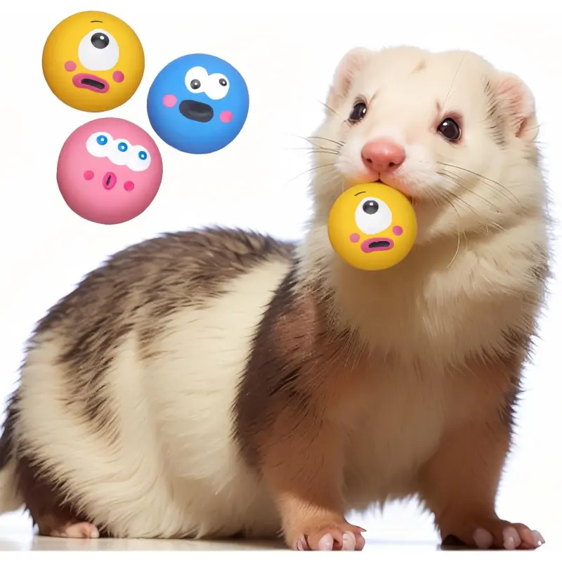 Ferret 3-Piece Squeaky Rubber Ball Toy Set, Natural Latex High-Elastic Chew Balls, Easy-To-Clean Interactive Pet Accessories for Boredom Relief with Crisp Sound