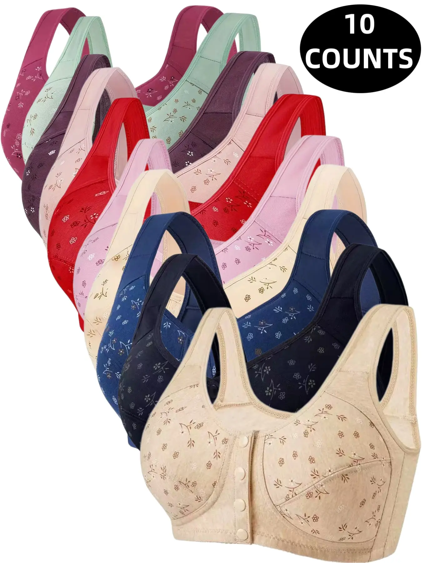 10-Pack Lightweight Floral Wireless Bras, Comfortable Breathable Push-Up Underwire-Free, Elderly-Friendly Front Buckle Design, All-Season Wear