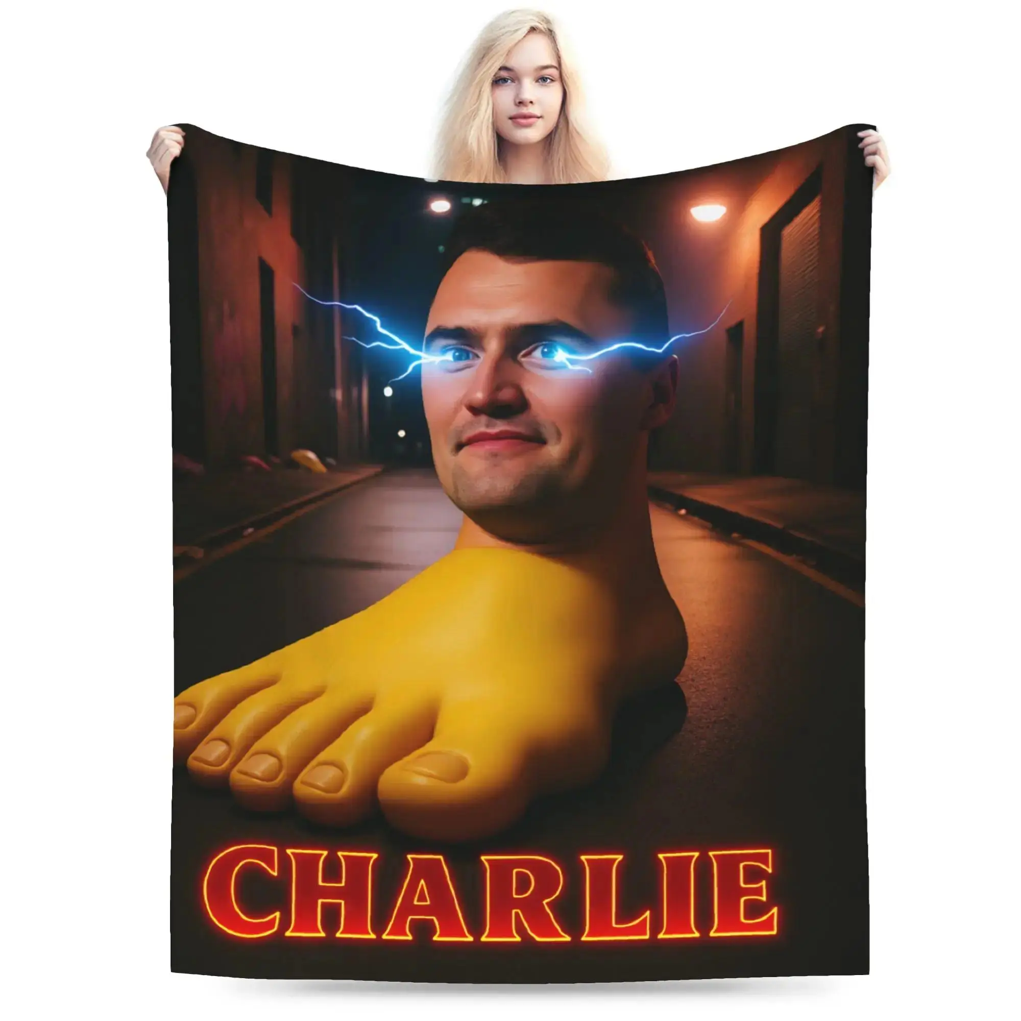 Charlie Kirk Giant Foot Funny Brainrot Meme Print Flannel Throw Blanket - Multi-Size Flannel Fabric, Winter Warm Cozy, Living Room Decor, Camping Trip Bed Cover, Soft Texture