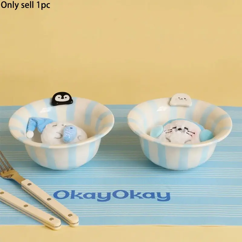 Blue Striped Penguin Seal Ceramic Bowl, Classic Stripe Design, Cute Animal Bowl, Home Decor, Kitchen Dining, Breakfast Oat Bowl, Fruit Bowl, Snack Bowl, Gift