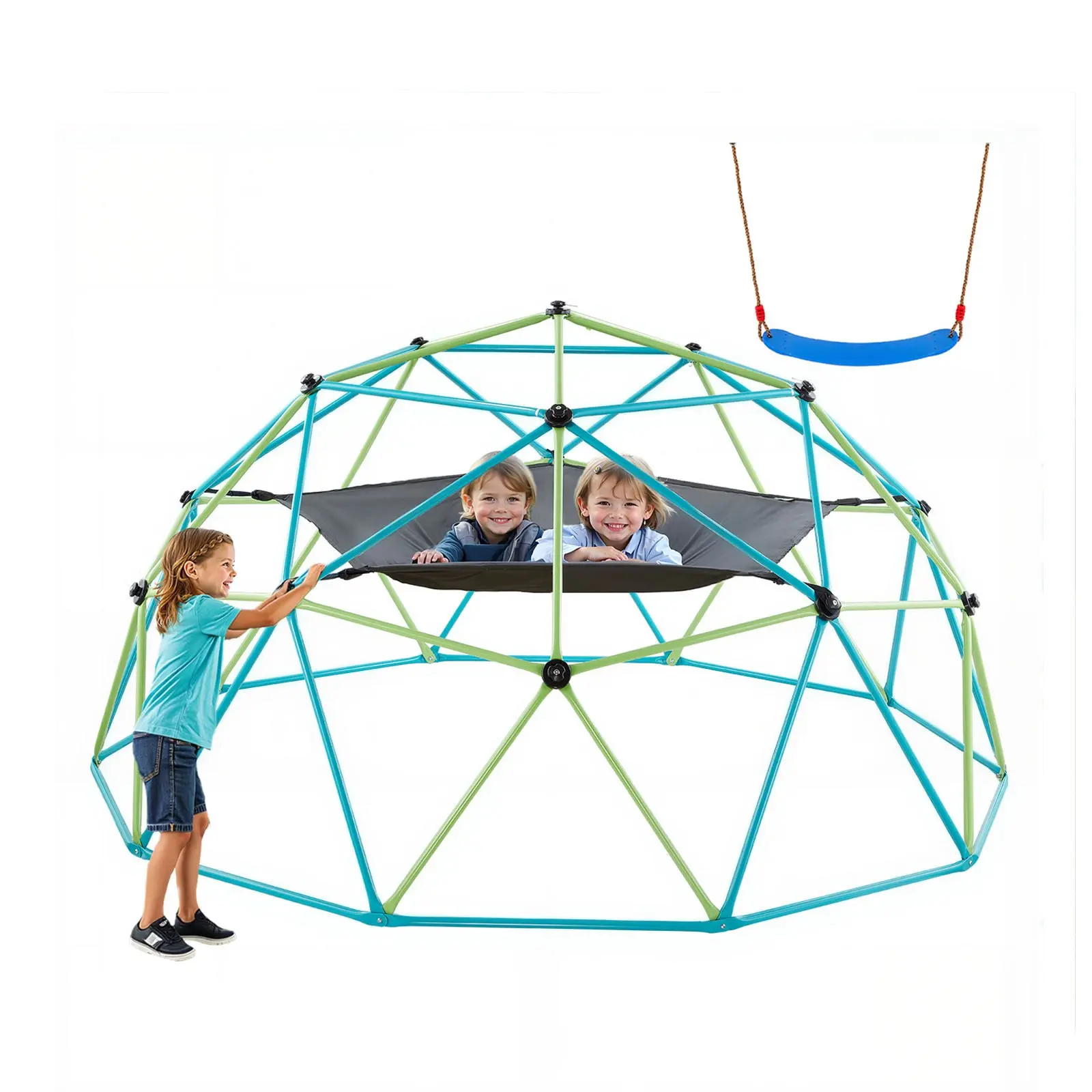 VEVOR 10FT Geometric Climbing Dome, 1000LBS Loading Jungle Gym with Swing Hammock, Zinc-Coated Easy-Assembly Outdoor Backyard Sports Equipment for 3-10 Year-Old Girl & Kids, Includes Manual