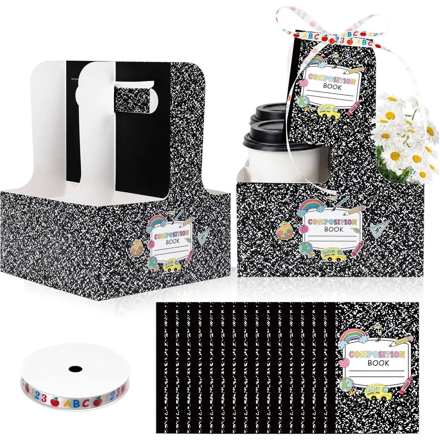 24 Set  to School 2 Cup Drink Carrier with Handle | Disposable Coffee Cup Holders with Cards Ribbon for Hot or Cold Drinks, Cardboard Flower Holder for Classroom Party Favors
