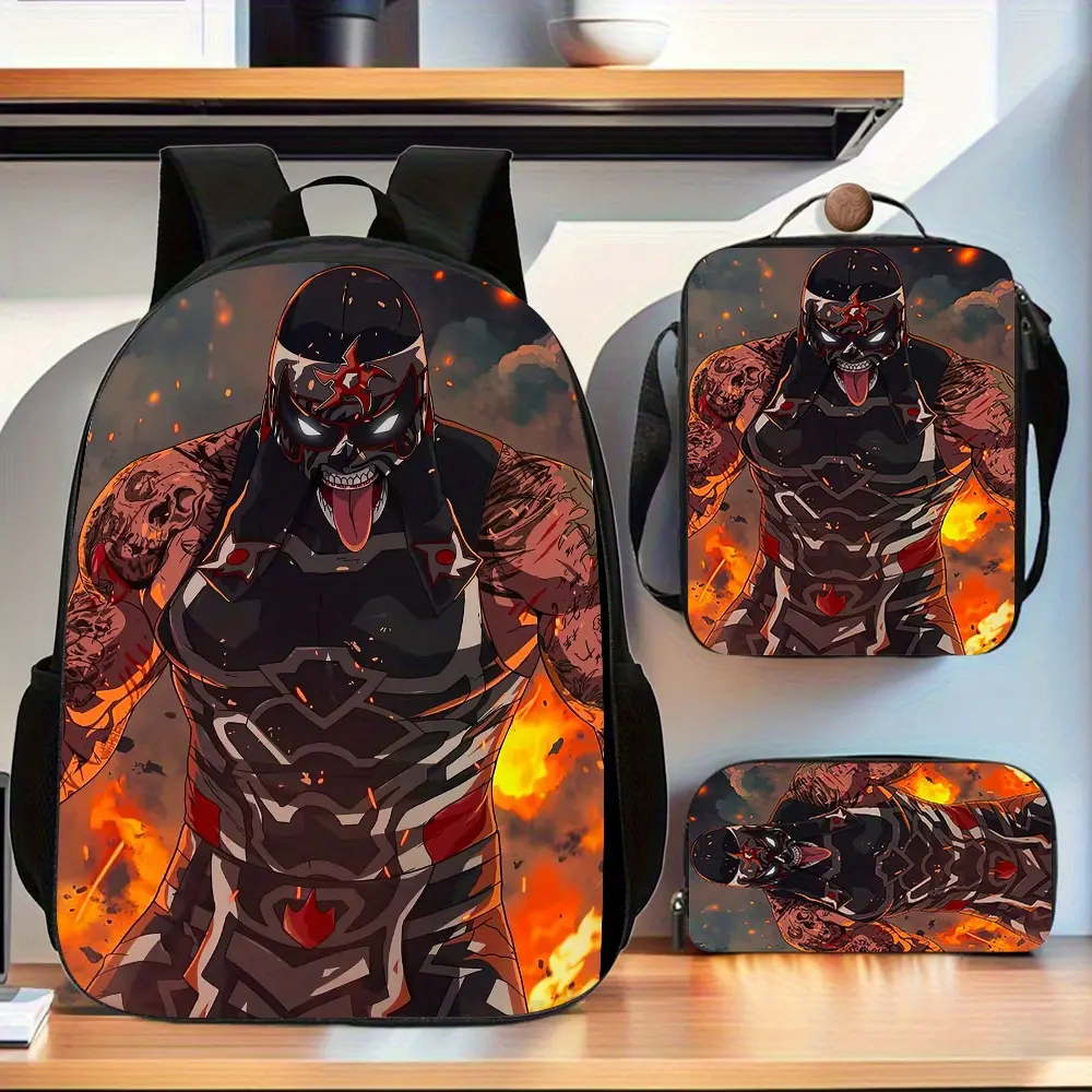 3-Piece Teen Water Resistant Backpack Set, Fire Background Masked Tattoo Wrestler Anime Print School Kit Backpack Lunch Bag Pencil Case 600D Oxford Lucha Libre Wrestling Fans Daily Use
