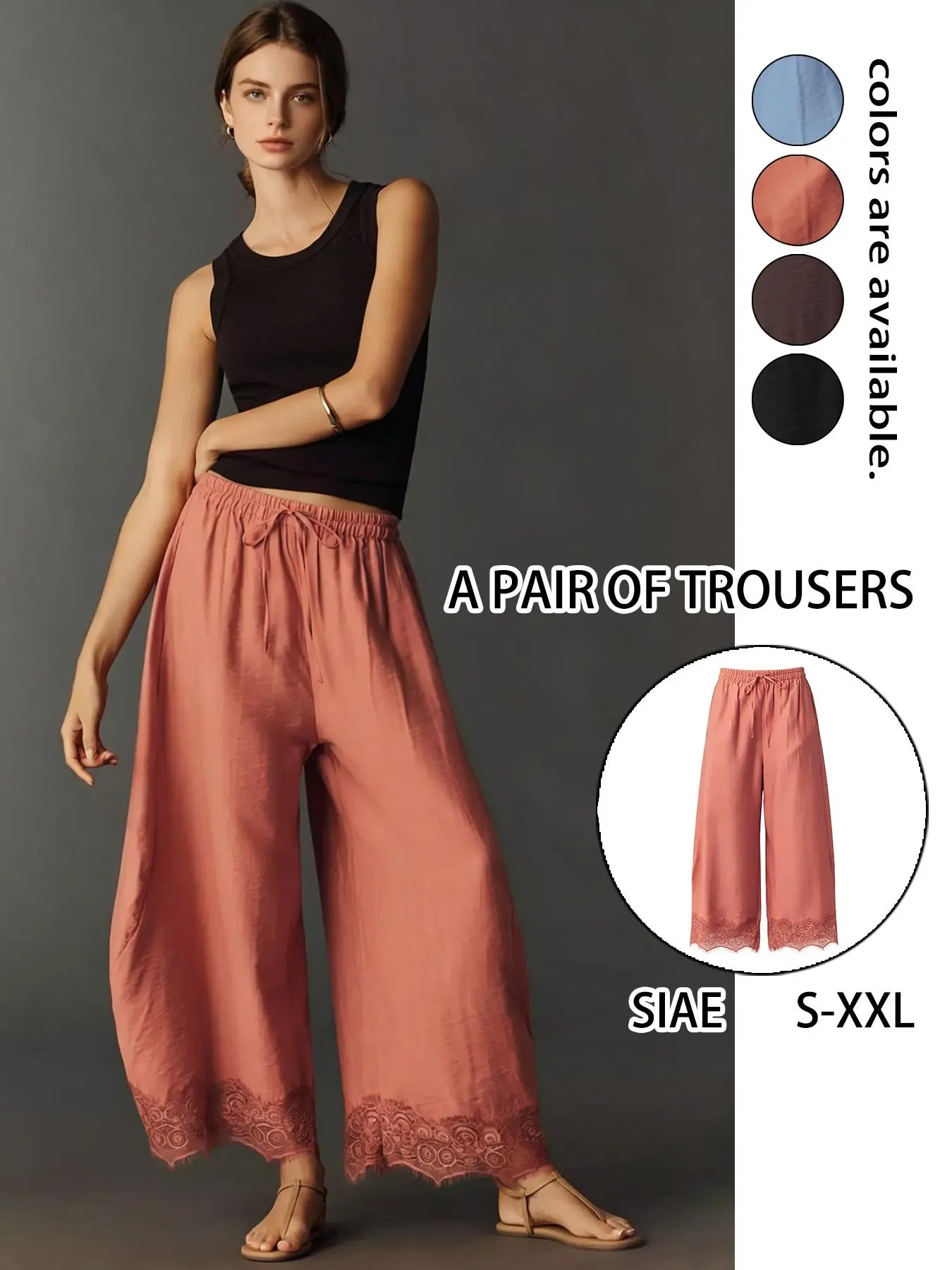 1pc Women's Curved Wide-Leg Pants, Elastic Waist Long Trousers with Exquisite Lace Spliced Hem, Elegant Slim-Fit Lace Wide Leg Pants