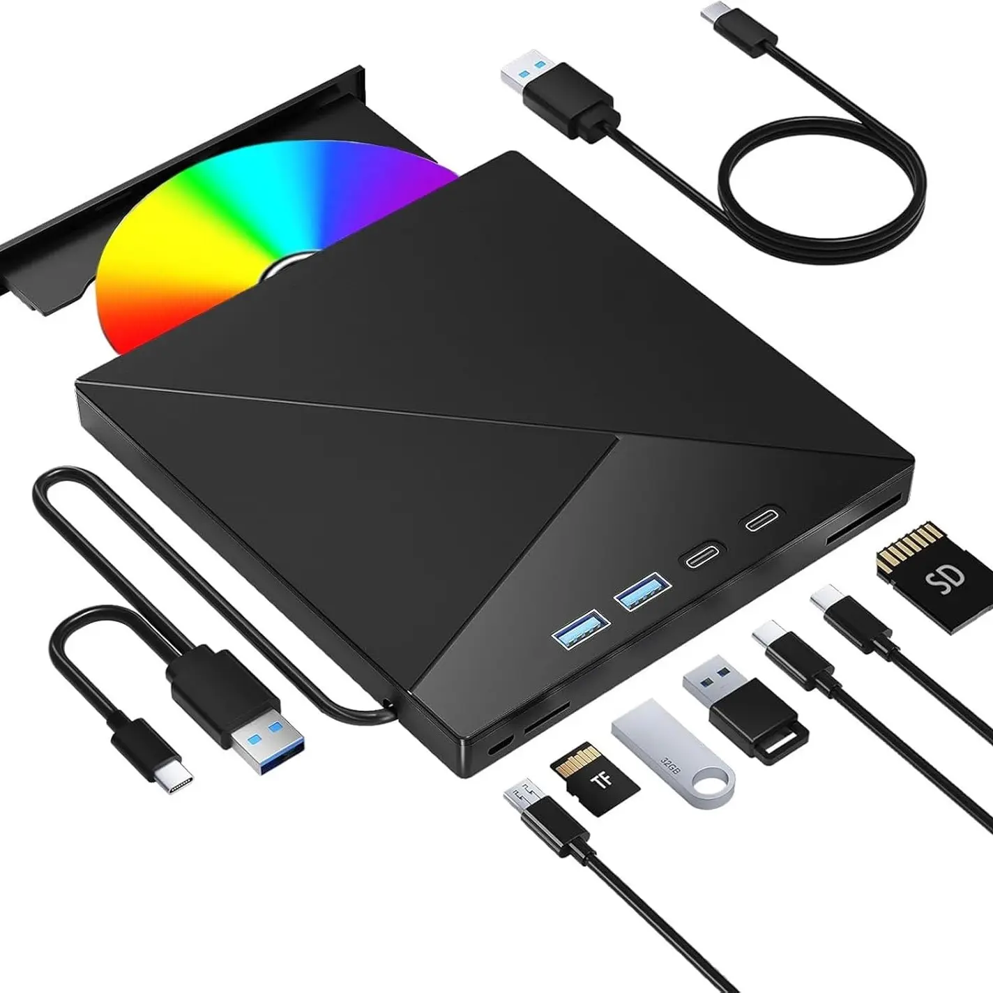 7-in-1 External CD/DVD Drive for PC, Laptop, USB 3.0 & Type C Slim Portable CD RW DVD Writer Recorder and Type-C CD DVD +/-RW, with 2 USB A & 2 Type-C Hub, SD TF Card Reader, Compatible with Windows 11/10/8/7, Linux, Mac, Linux and PC