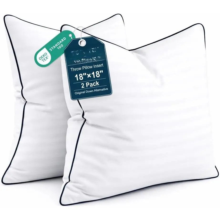 18x18 Inches Pillow Inserts Set of 2-  Soft Down Alternative Fill, Decorative Throw Pillows for Couch, Bed & Sofa, Supportive White Striped Bedroom Pillow Forms