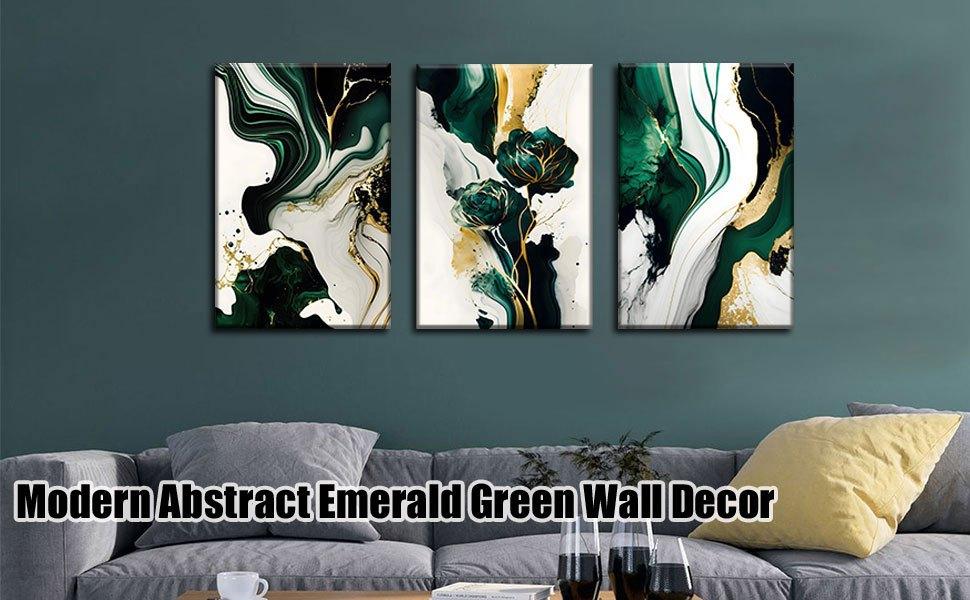 3Pcs Framed Emerald Green Wall Art, Modern Green and Golden Abstract Marble Canvas Wall Art Paintings Prints Posters Wall Decor Pictures for Living Room Bedroom Office Home Decoration, Ready to Hang