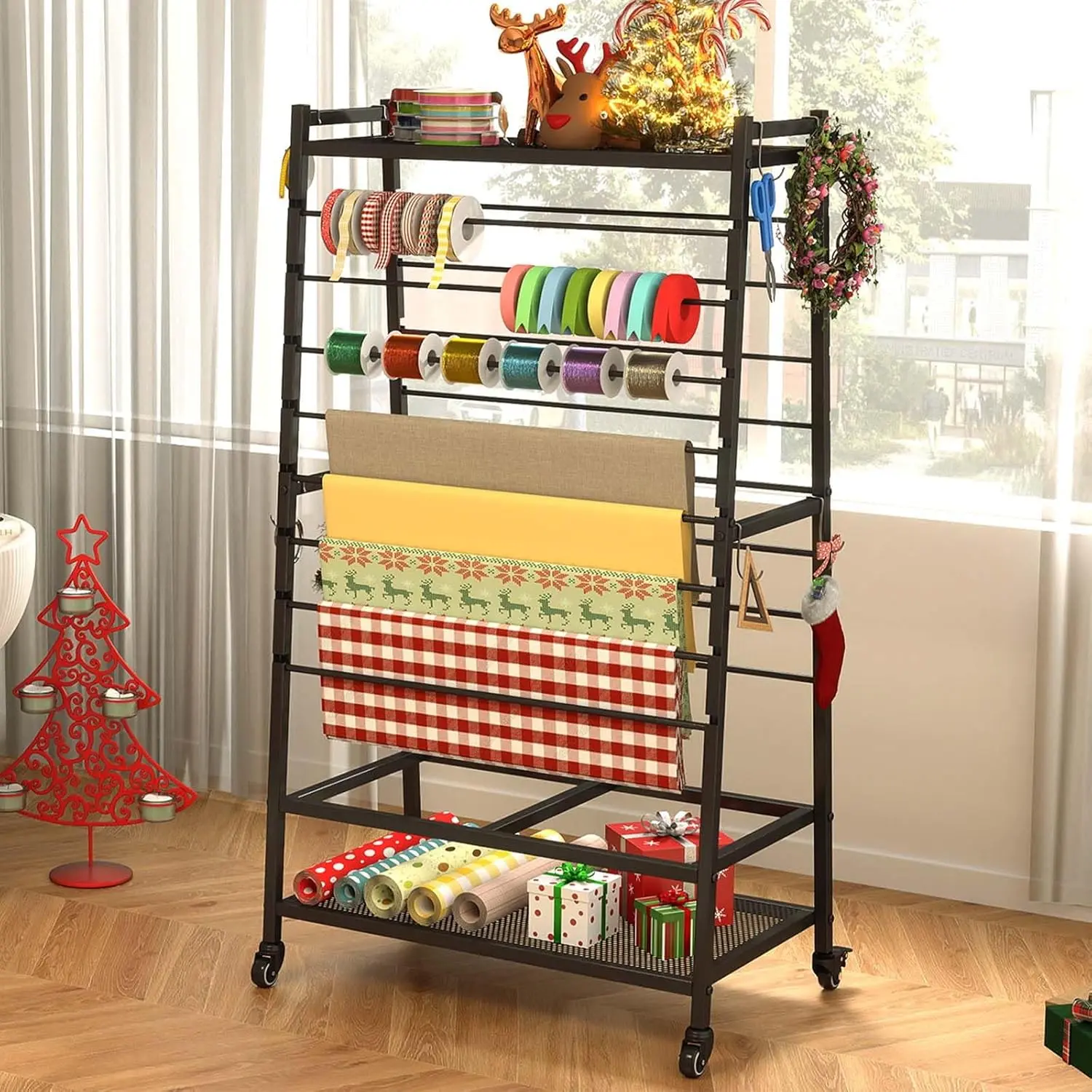 Ribbon Organizer for Craft Room, Rolling Ribbon Holder, Double-Sided Ribbon Holder Organizer Rack, Metal Craft Christmas  Wrapping Paper Holder, Large Capacity Ribbon Storage Rack