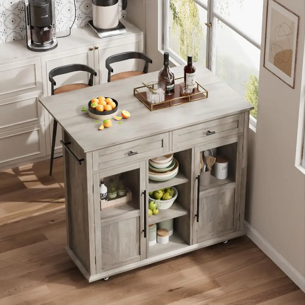 Rolling Kitchen Island Cart with Folding Drop Leaf, Breakfast Bar, Portable Trolley Island with Large Storage Cabinet, Shelf and Drawer