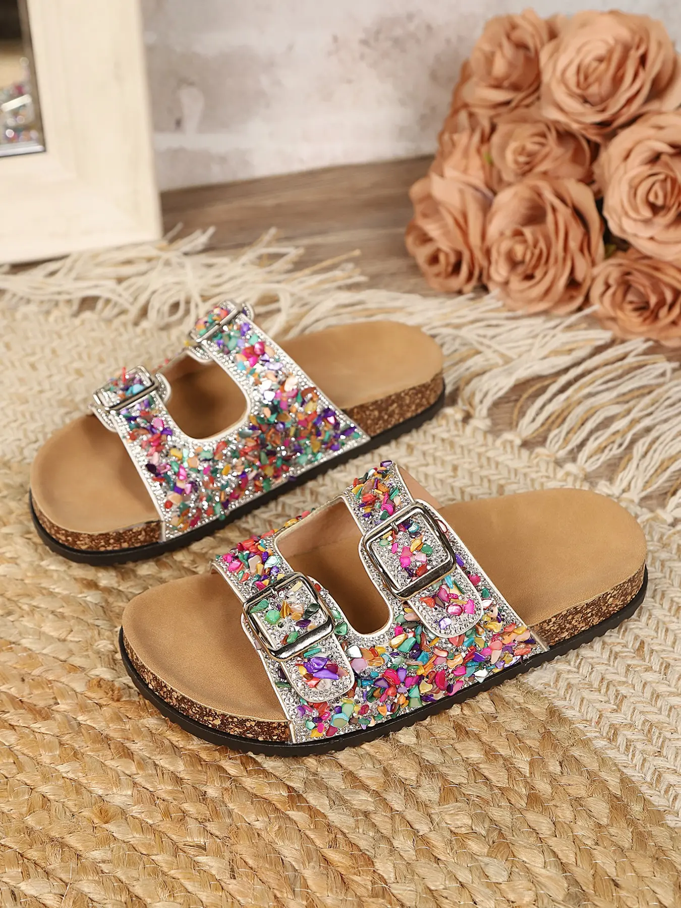 Women's Rhinestone Slippers, Fashionable PU Upper Rubber Sole, Less Than Ankle Height, Perfect for Commute & Vacation, Footwear, Crystal Glowing Slippers