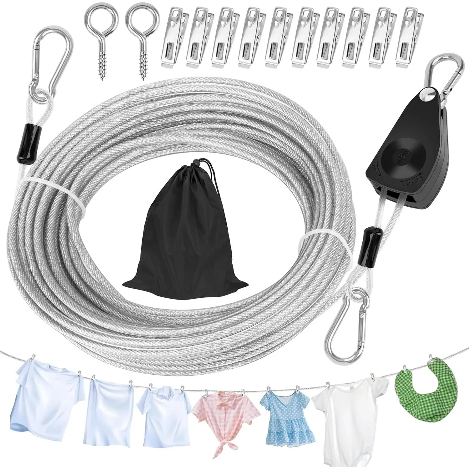 Retractable Clothesline Outdoor Heavy Duty Travel with Galvanized Steel, 10 Clips, Storage Bag (50Ft)