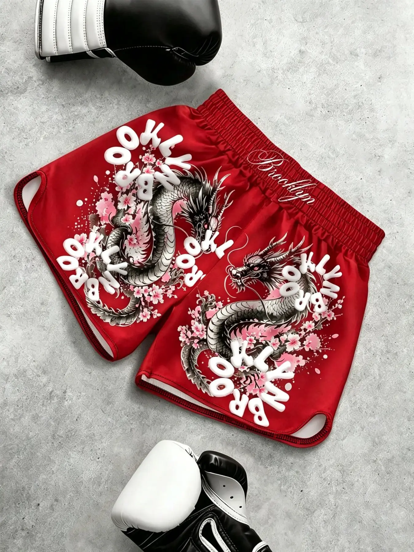 Brooklyn Dragon Sakura Muay Thai Shorts, Made of quick drying fabric with side slits for natural movement. Suitable for training, gym or leisure occasions. Stand out in the boxing ring and on the streets. Graphic Fitness Shorts, Active Shorts