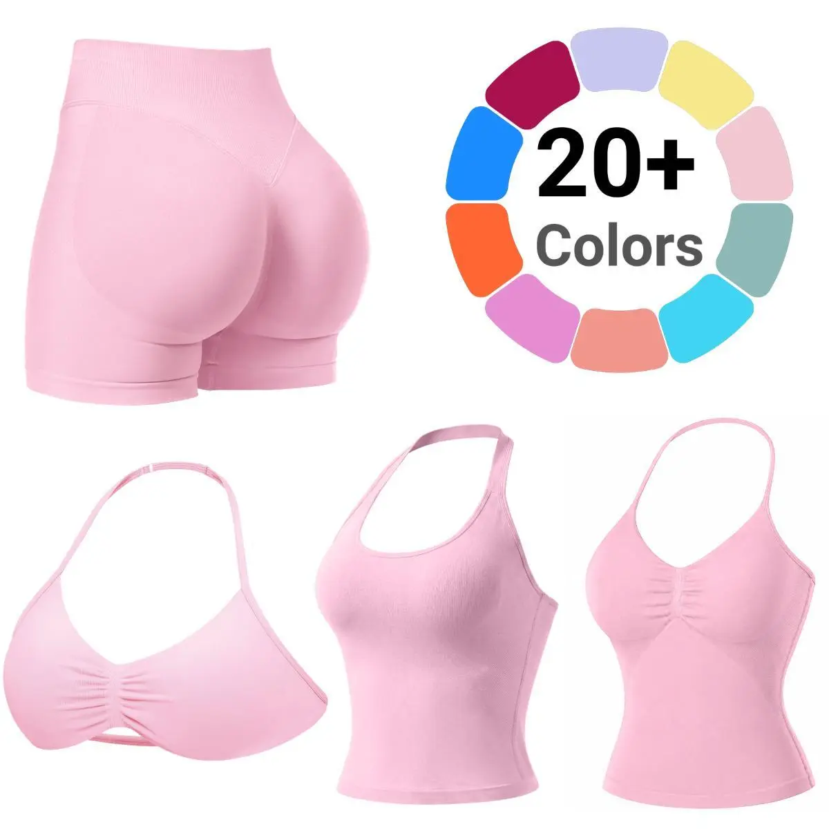 Women’s Matching Set, Chic 2-Piece Seamless Training Impact Workout Wear Set - Halter Tank & High Waist Shorts, Breathable Quick-Dry, Suitable for Outdoor Running, Party Activities, Women's Clothes, Tank Tops, Nylon, Sporty Chic