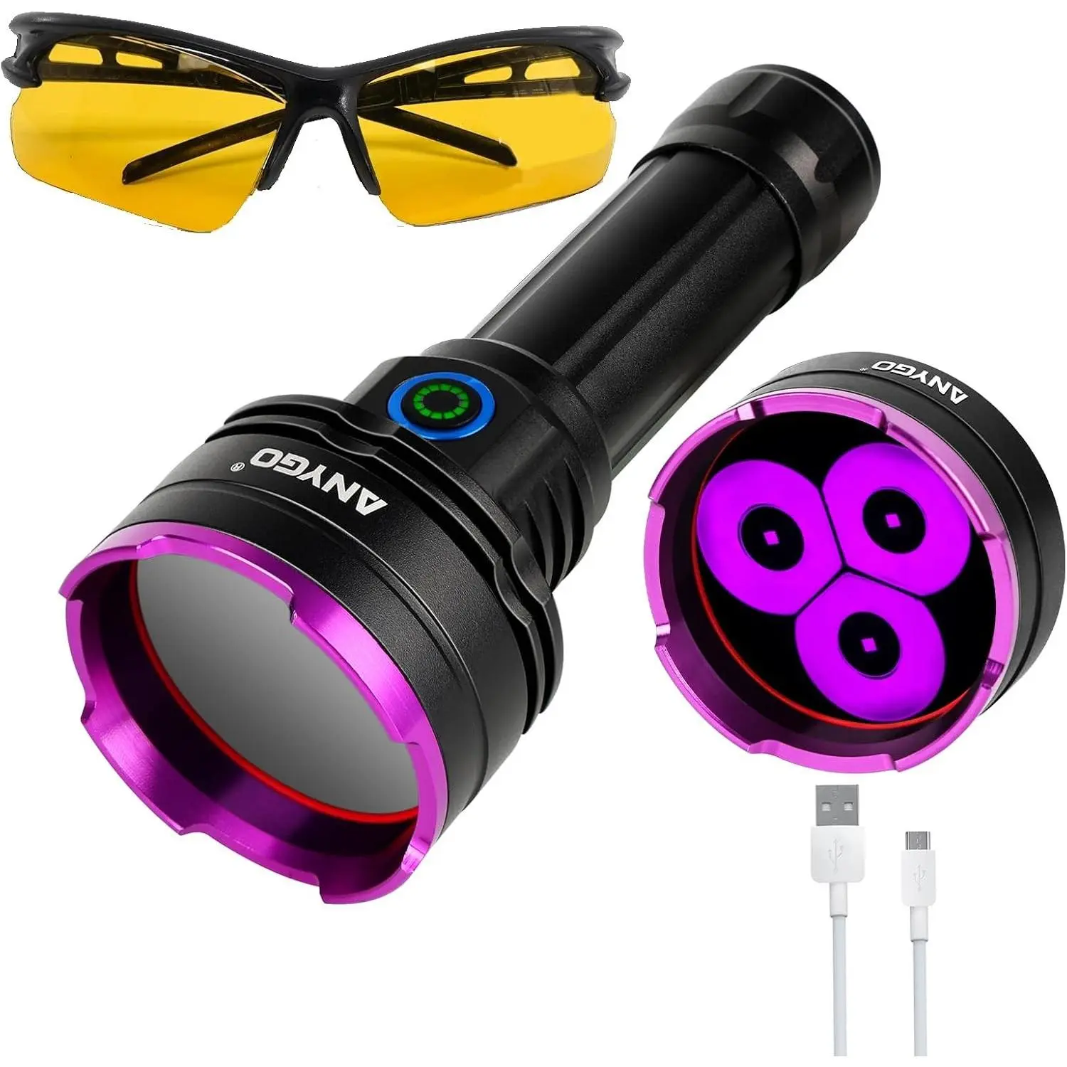 365nm Rechargeable UV Flashlight with Filter Lens, 30W Powerful Black Light, Ultraviolet UV Led Torch for Air Conditioner Leak Detection/Pet Urine Detection/Rocks Scorpion Hunting/Camping