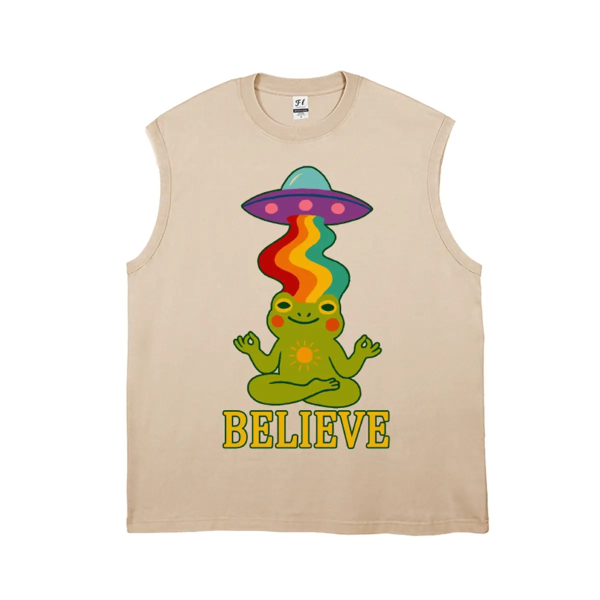Unisex BELIEVE Meditating Frog UFO Retro Hippie Rainbow Style Graphic Washed Vest Personalized Pattern Y2k Clothing Round Neck Washed Vest,Women's Clothing 100% Cotton, Menswear, Top, Vintage Style,Summer Casual Oversized