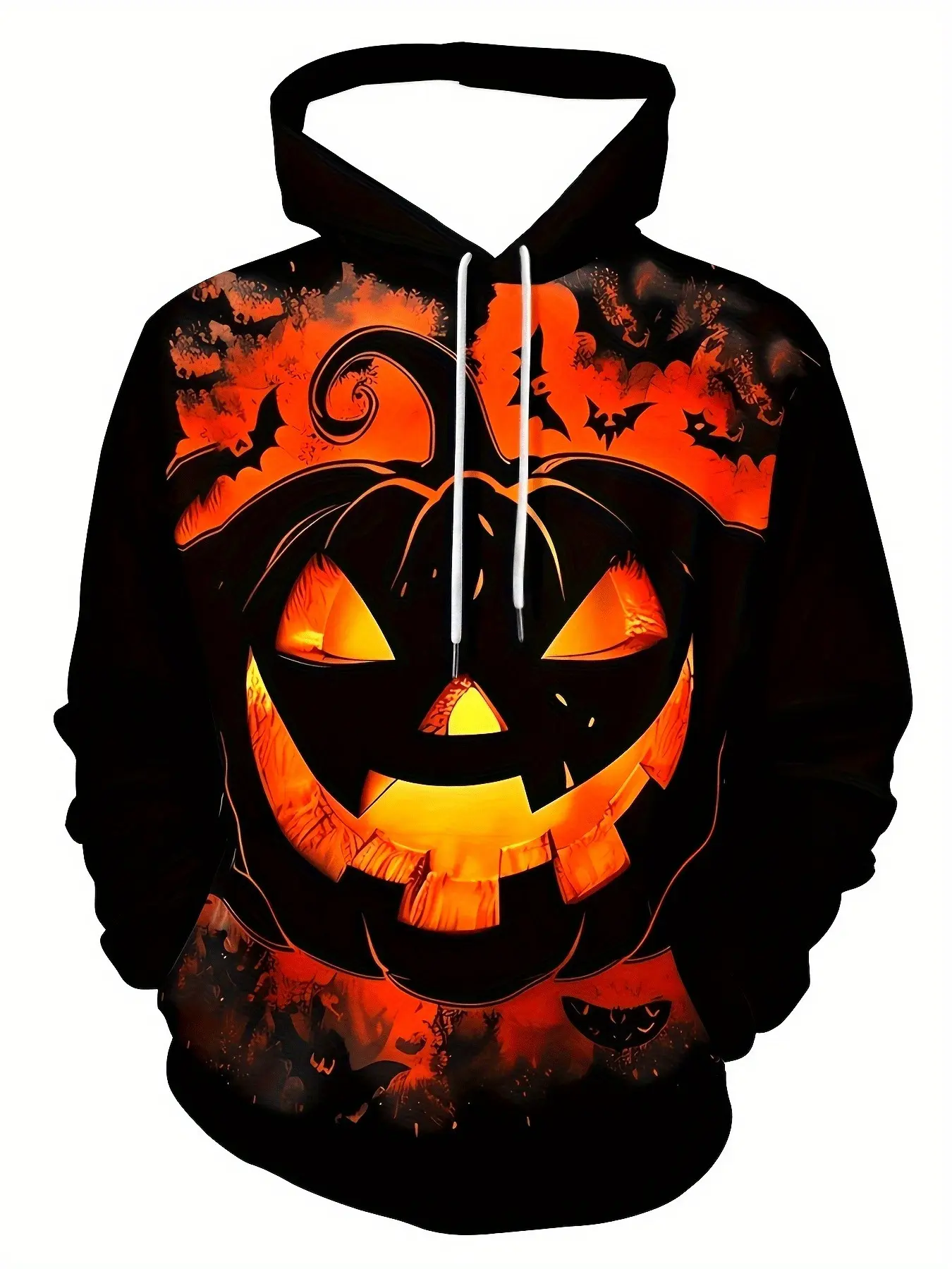 Dark Horror Halloween Pumpkin Bat All Over Print Hooded Pullover, Men Drawstring Pocket Hoodie With Glowing Pumpkin Face & Night Bat Print, Trendy Horror Streetwear For Fall Festival