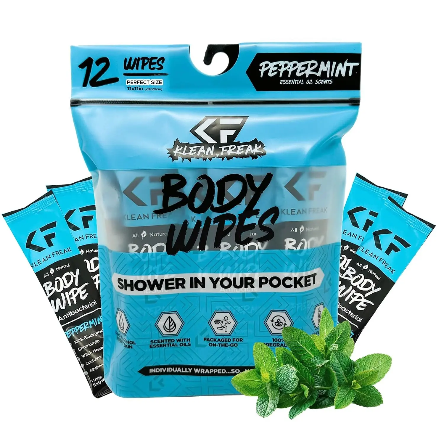 Body Wipes - 12 count Individually Wrapped | Showerless Body Wipe for Women & Men | Sustainable Bodywipes for Gym, Travel, Camping | PeppermintGift