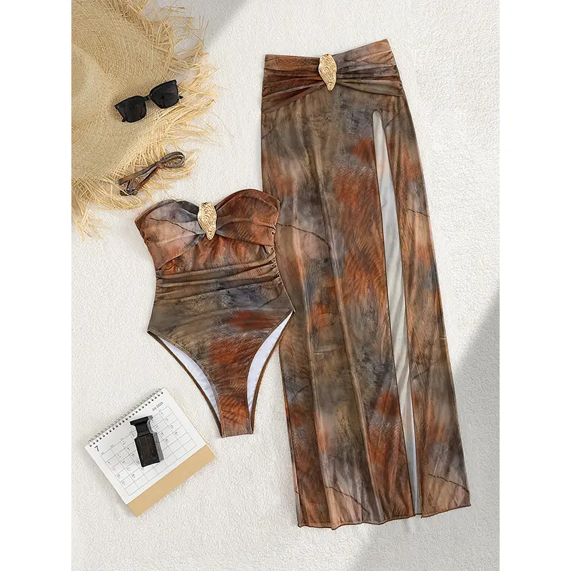 Women's Strapless Tube 2-Piece High Cut Bandeau Bikini - Stretch Opaque Fabric, Retro Brown Vintage Tie Dye, Metal Buckle, Side Ruching, Sheer High Slit Mesh Skirt Resort Swimwear