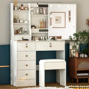 Vanity Desk Makeup Dressing Table Set w/ 6 Drawers and Sliding Mirror LED Lights