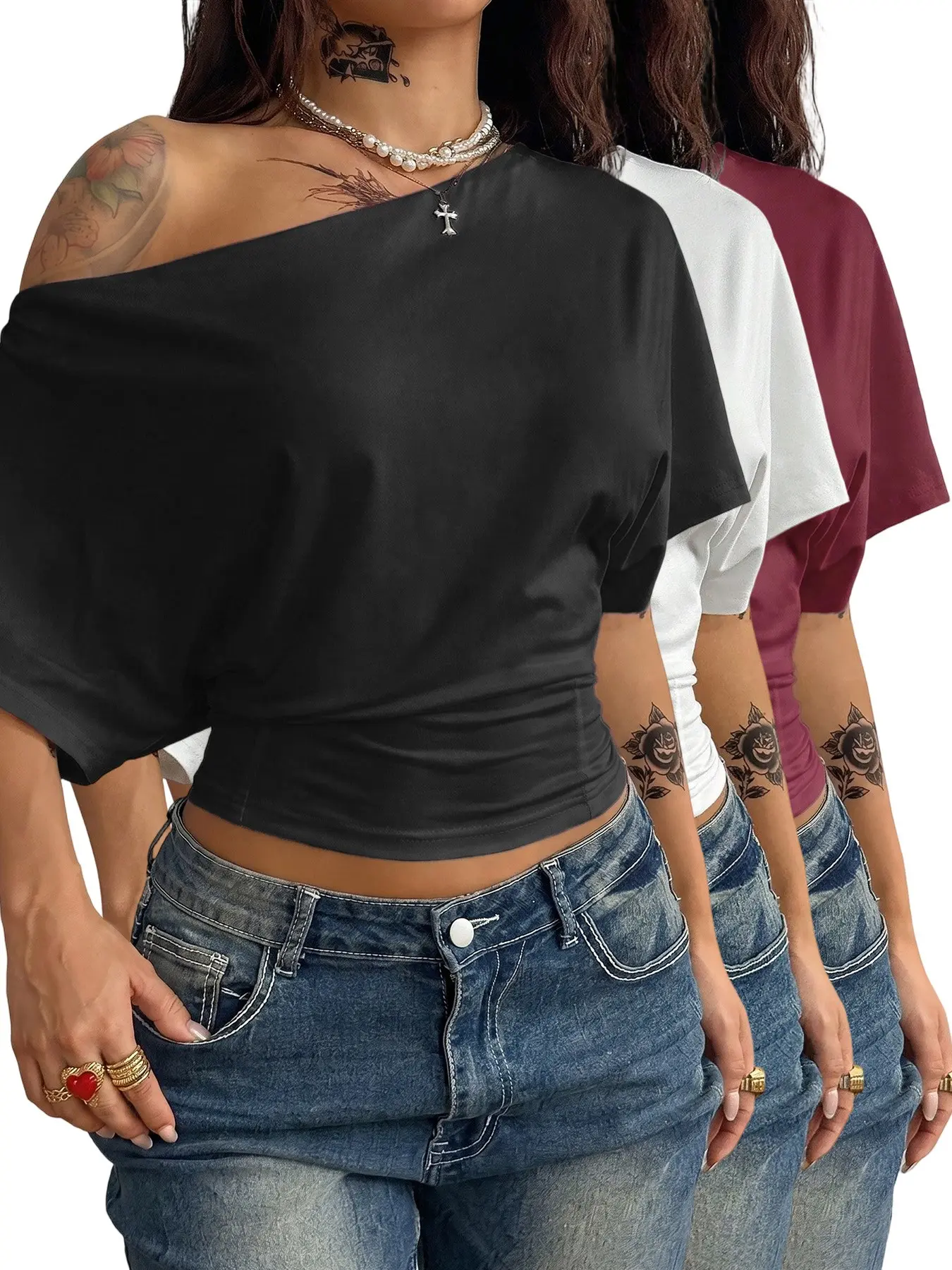 Women 3-Pack Tops, Off-Shoulder Asymmetrical Neck, Y2K Spicy Girl Style，Batwing Short Sleeve, Ruched Waist, Loose Fit, Streetwear, Loungewear for Young Girls