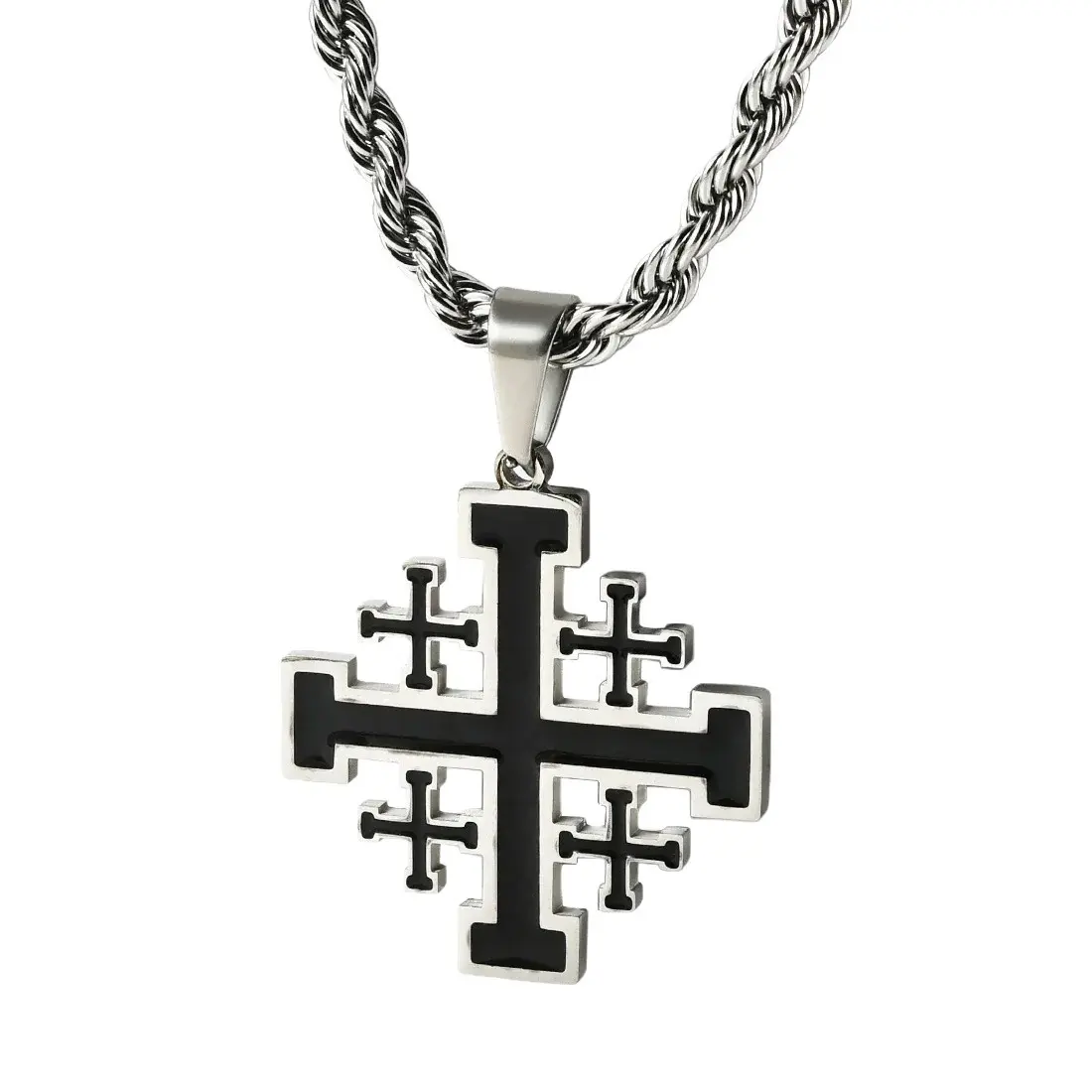 Jerusalem Cross Pendant Necklace, 3 Tone Golden Steel Black Enamel Stainless Steel Crusader Symbol Rope Chain Unisex Jewelry | Edgy & Stylish | Gift For Him or Her