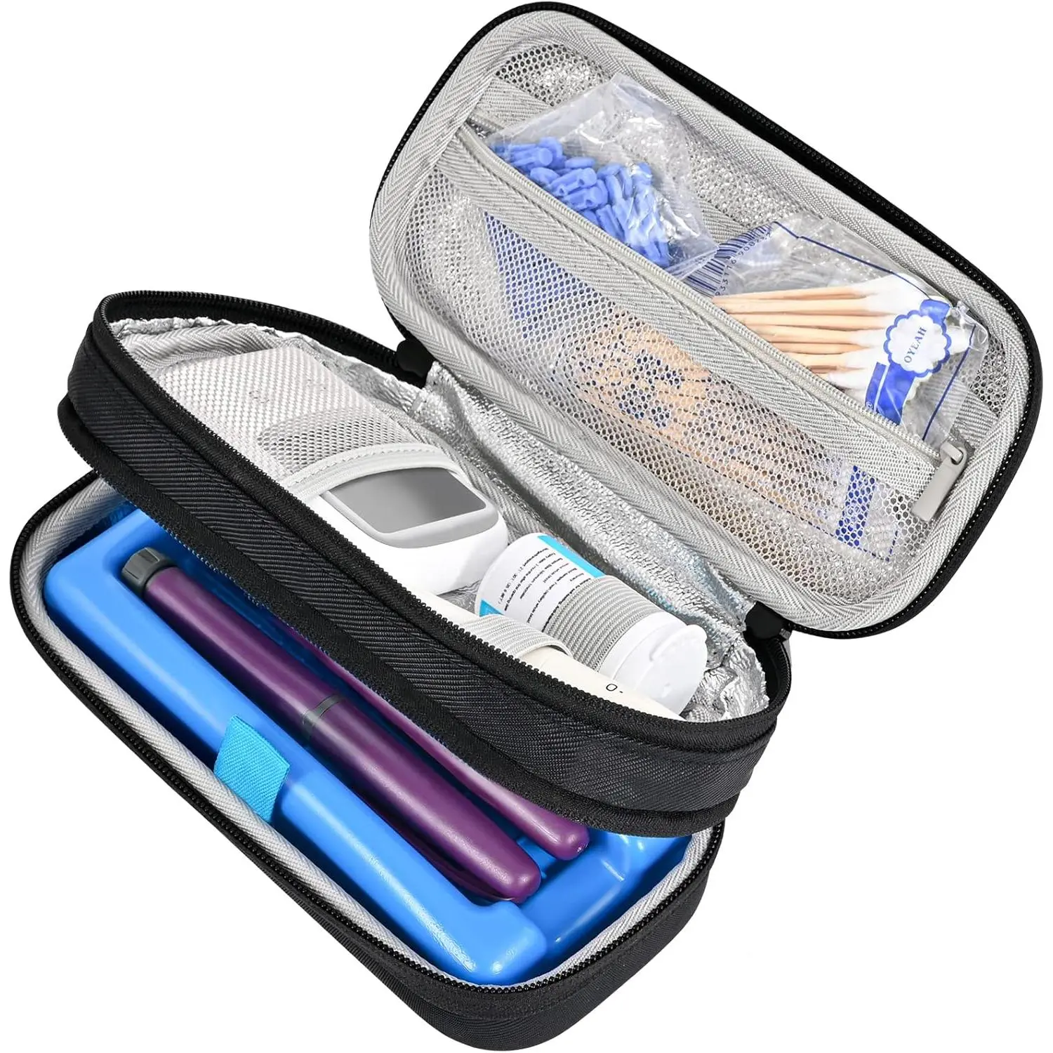 Black Insulin Travel Case with EVA Shell, 2-Layer Zipper Fly, Ice Brick - Diabetes Cold Medication Organizer for Insulin Pen, Syringe, Needle Kits, Cold Storage, Hard Bag