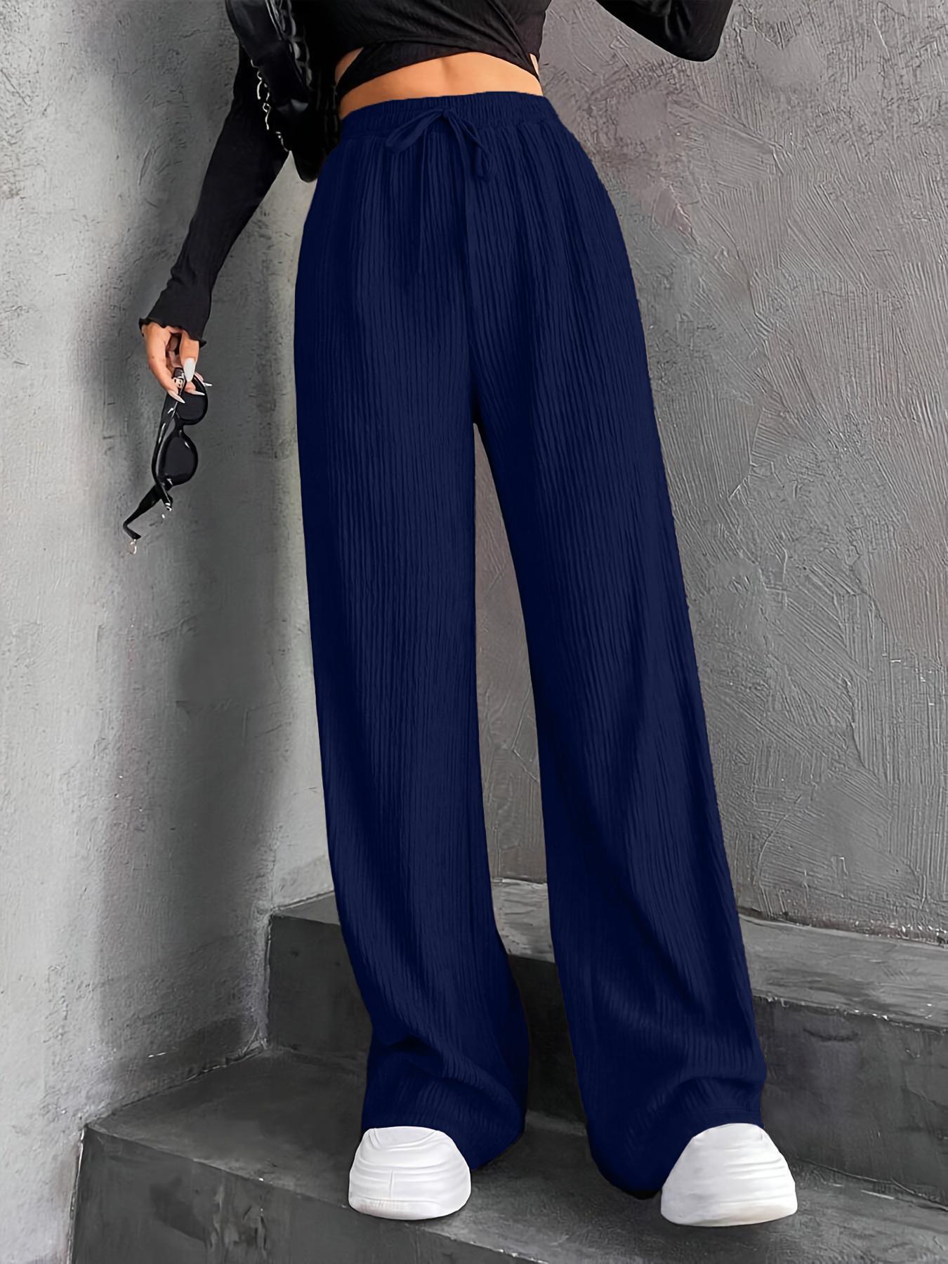 Women's Textured Tie Front Elastic Waist Straight Leg Pants, Casual Comfy Trousers for Daily Wear, Ladies Bottoms for All Seasons