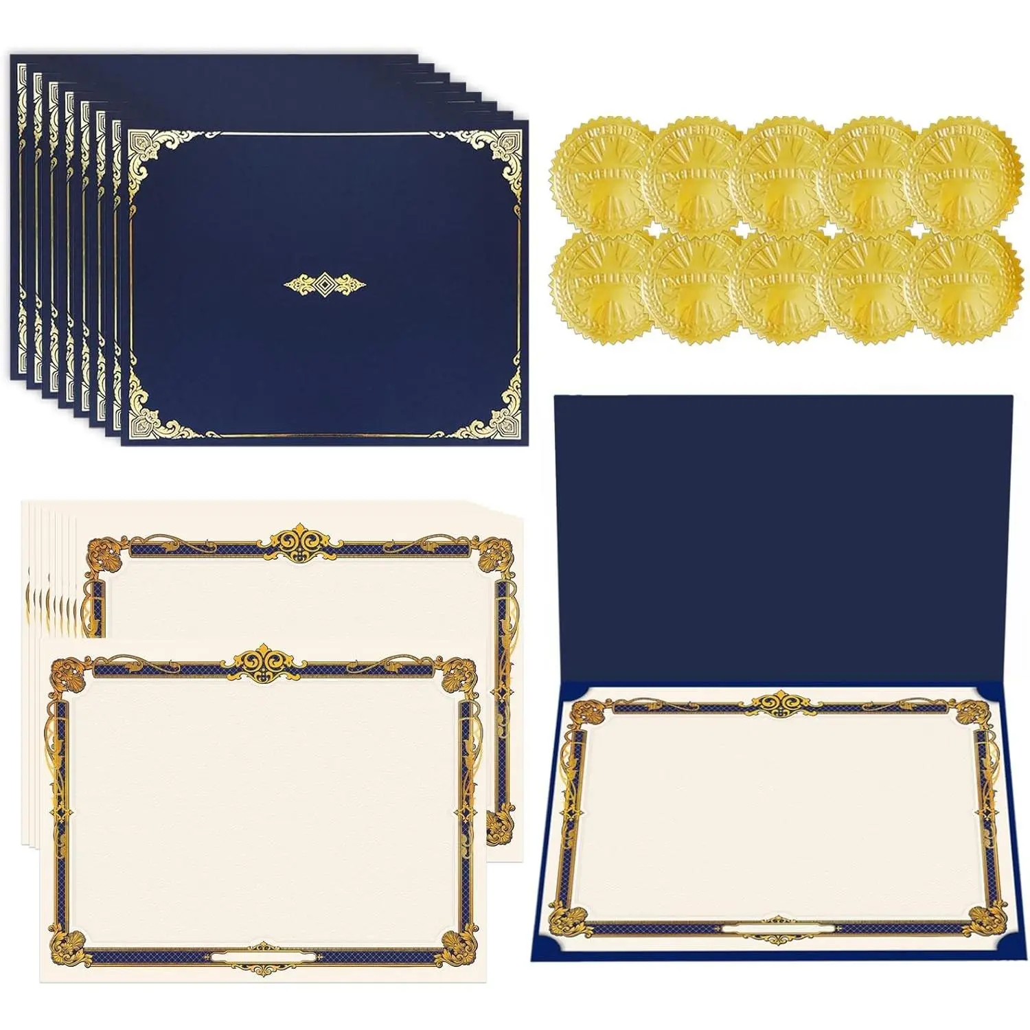 75 Pcs Certificate Kit, 25 Gold foil Certificate Holders & 25 Certificate Paper & 25 Certificate Seals Stickers for Graduation Diploma, Award Accomplishment.