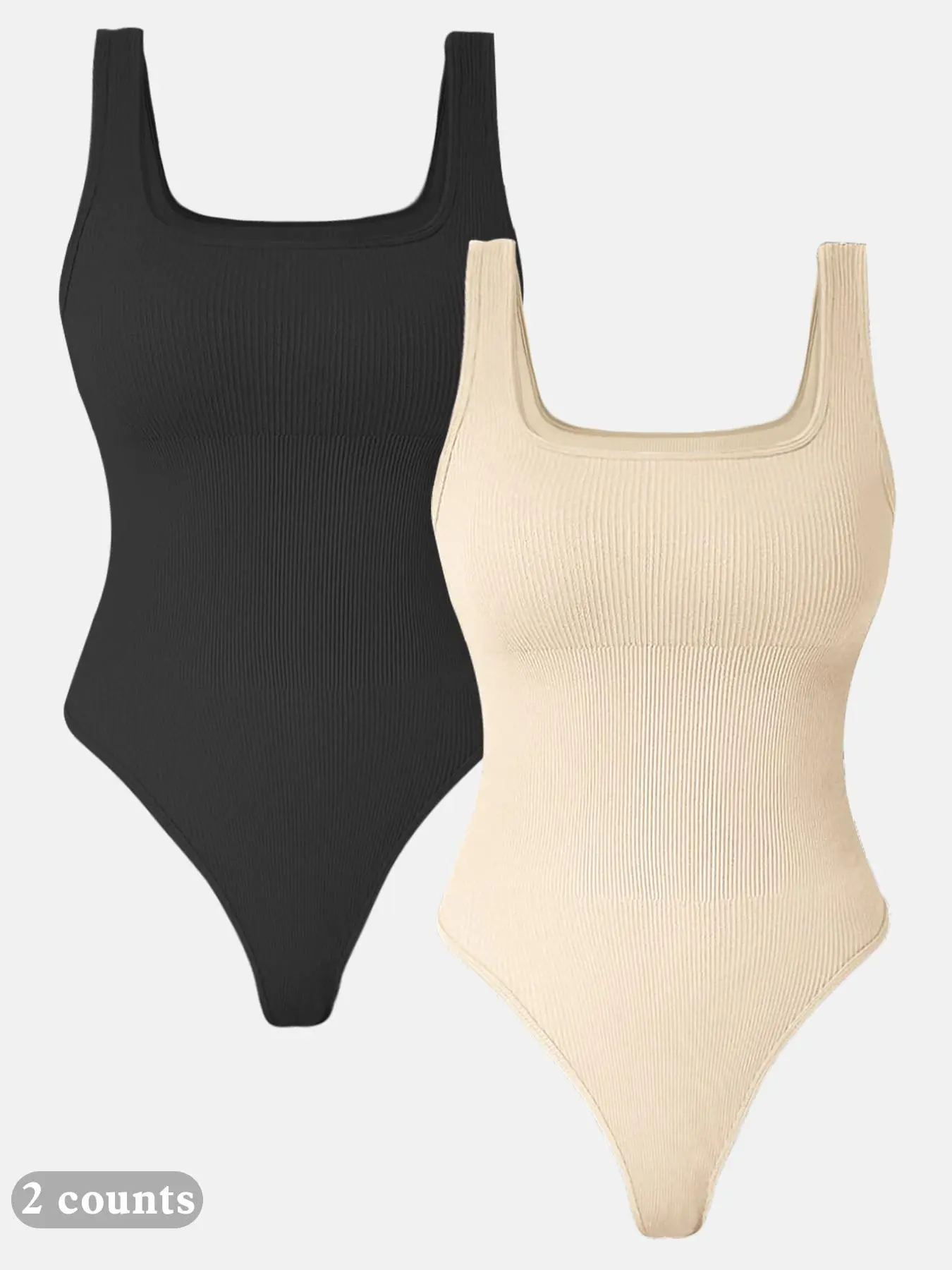 Women's Solid Ribbed Square Neck Shapewear Bodysuit, High Stretch Seamless Tummy Control Shaper, Ladies Shapewear for All Seasons, Body Sculpting Compression, Abdominal Control Shapewear