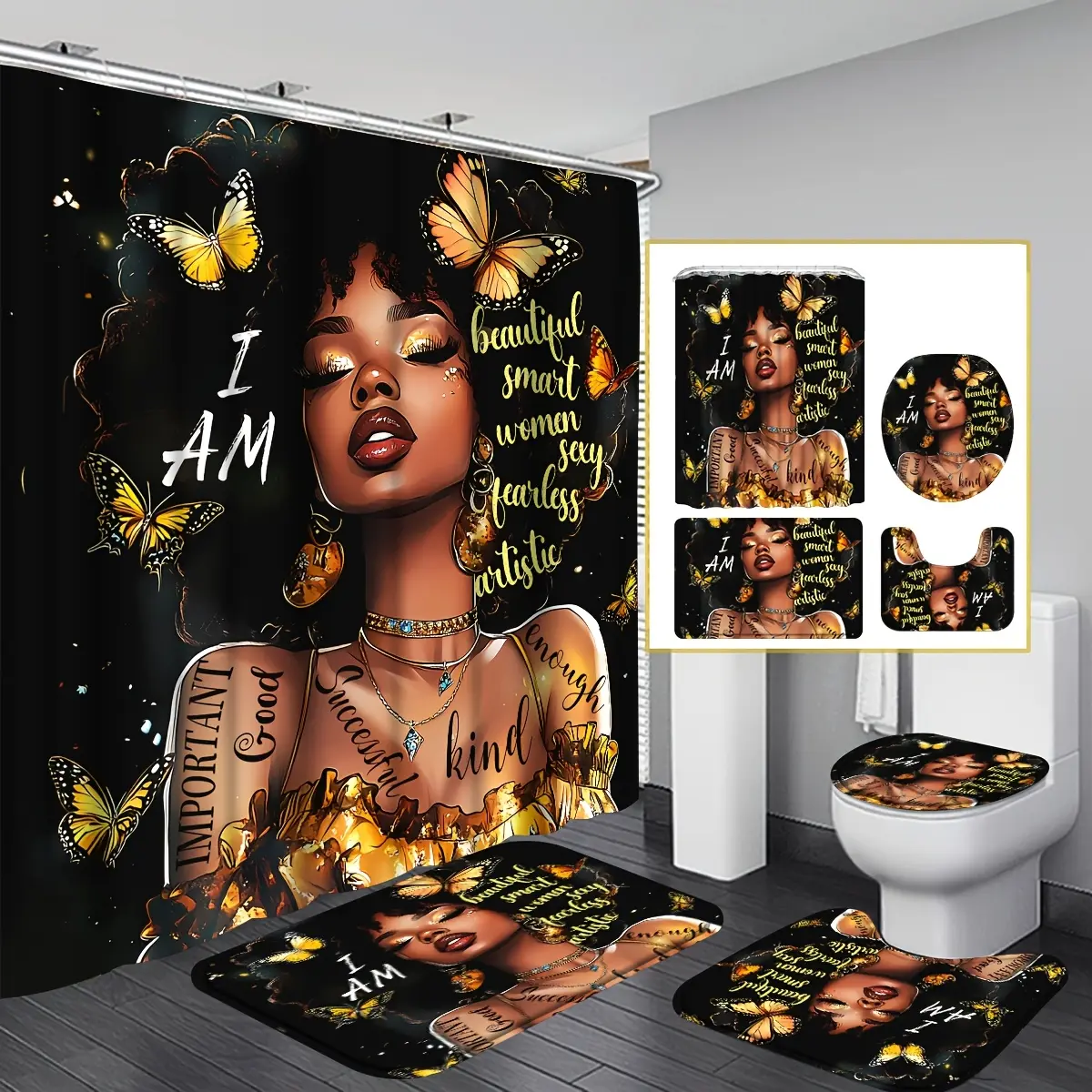 4-Piece African-American Female Shower Curtain Bathroom Set, Boho Shower Curtains For Bathroom, African Queen Art with Butterfly and Inspirational Quotes Theme, Black Liberation Culture Pride with Bath Mat and 12 Hooks, Bathroom Decor