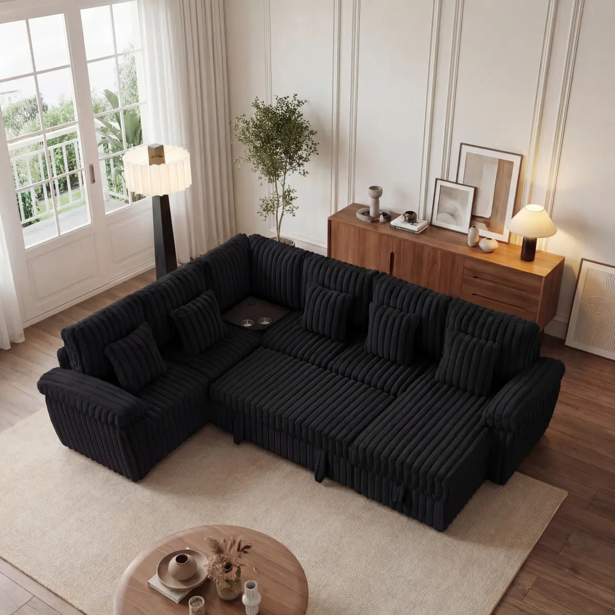 Aobtkel110-inch U-shaped corduroy super soft sectional sofa with storage and pull-out bed, corner coffee table with cup holder and USB port; suitable for living room, comfortable corduroy sectional sofa