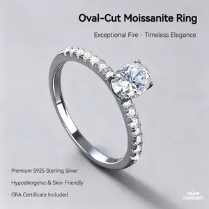 MUSE 1 Carat Oval Moissanite Solitaire Ring| S925 Sterling Silver 4-Prong Engagement Ring| Available in Plain & Pavé Bands