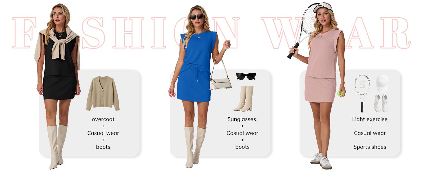 GRECERELLE Women's Summer 2 Piece Skort Set Cap Sleeve Round Neck Top & Tennis Skirt with Pockets for Athletic & Casual