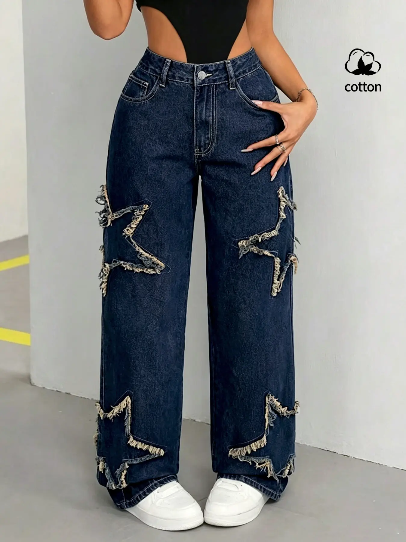 Women's High-Waisted Wide-Leg Jeans, Washed Edge Star Patch Loose Fit Streetwear, Vintage Millennial Distressed Star Patches, Ankle Length