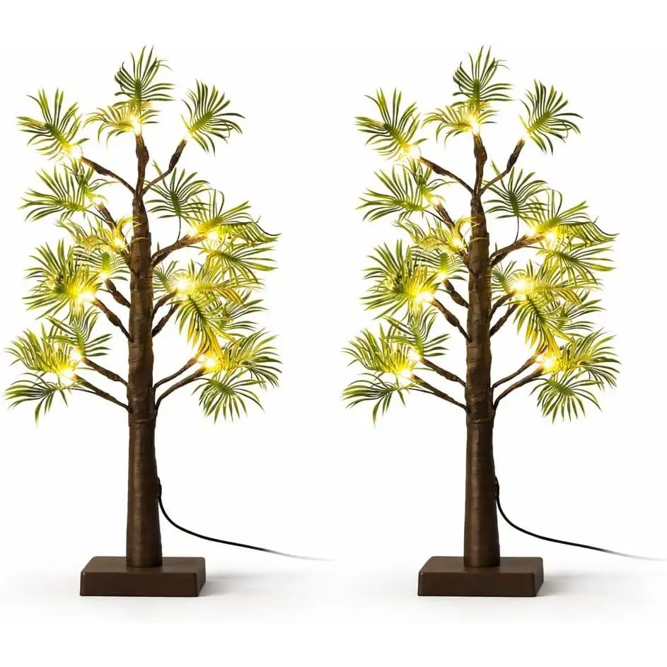 2 Pack Lighted Artificial Palm Trees, 20.8 in USB Powered Tabletop LED Tree Lights with Warm White Glow, Tropical Decorative Accent Lamps for Bedroom, Living Room, Desk and Indoor Home