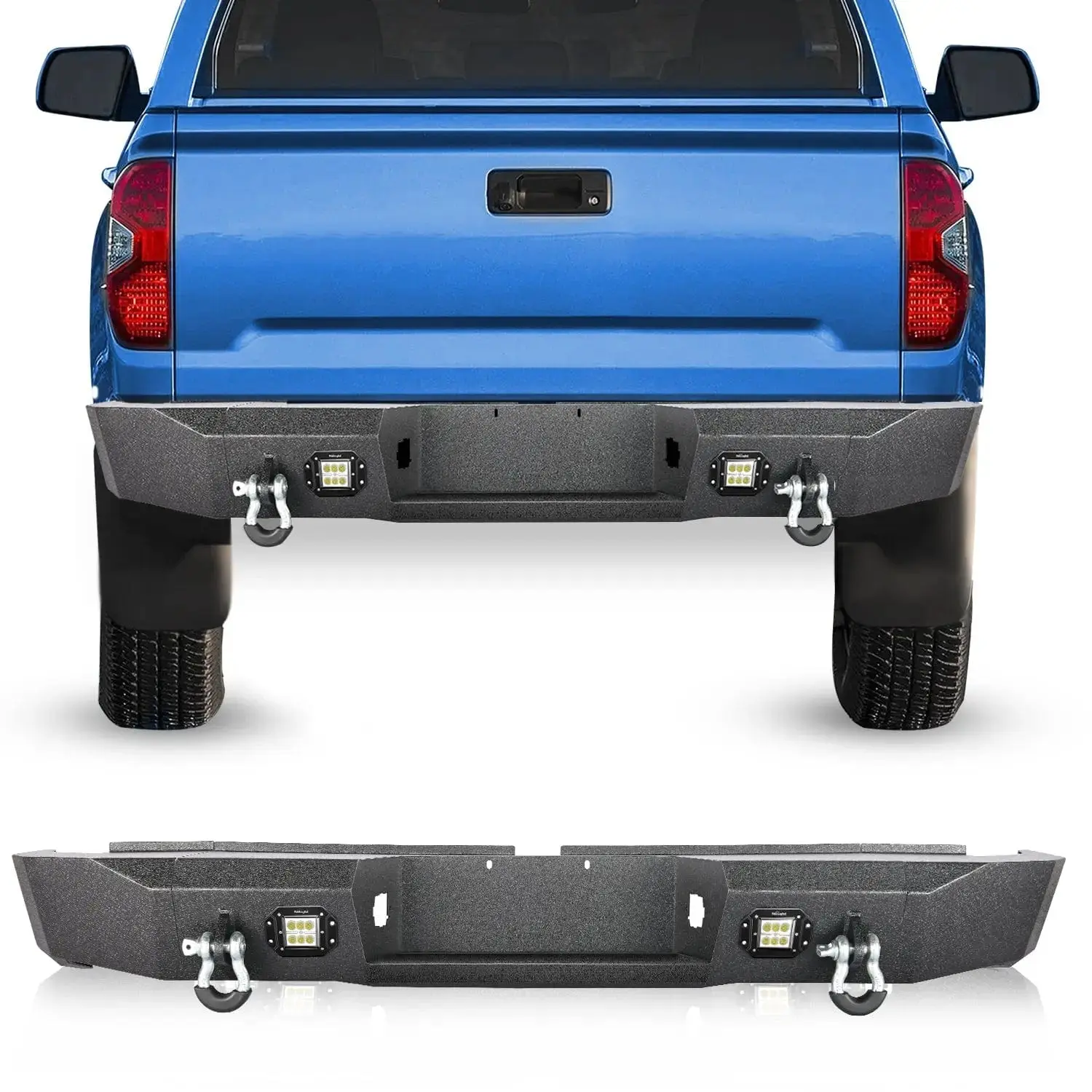 Nilight 1x Metal Rear Bumper for 2007-2013 Toyota Tundra - Full Width Textured Black Solid Steel Sheet Off-Road Bumper with Protection, 2x18W LED Lights, 2x4.75Ton D-Rings & Isolators, Bolt-On Installation