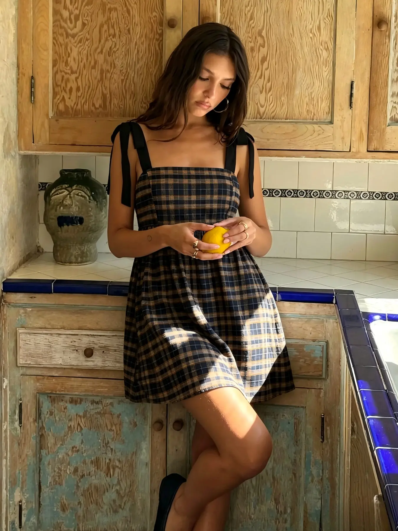 American Vintage Gingham Bow Halter Dress, Square Neck High Waist Loose Fit A-Line Short Dress, Casual Sleeveless Fitted Dress