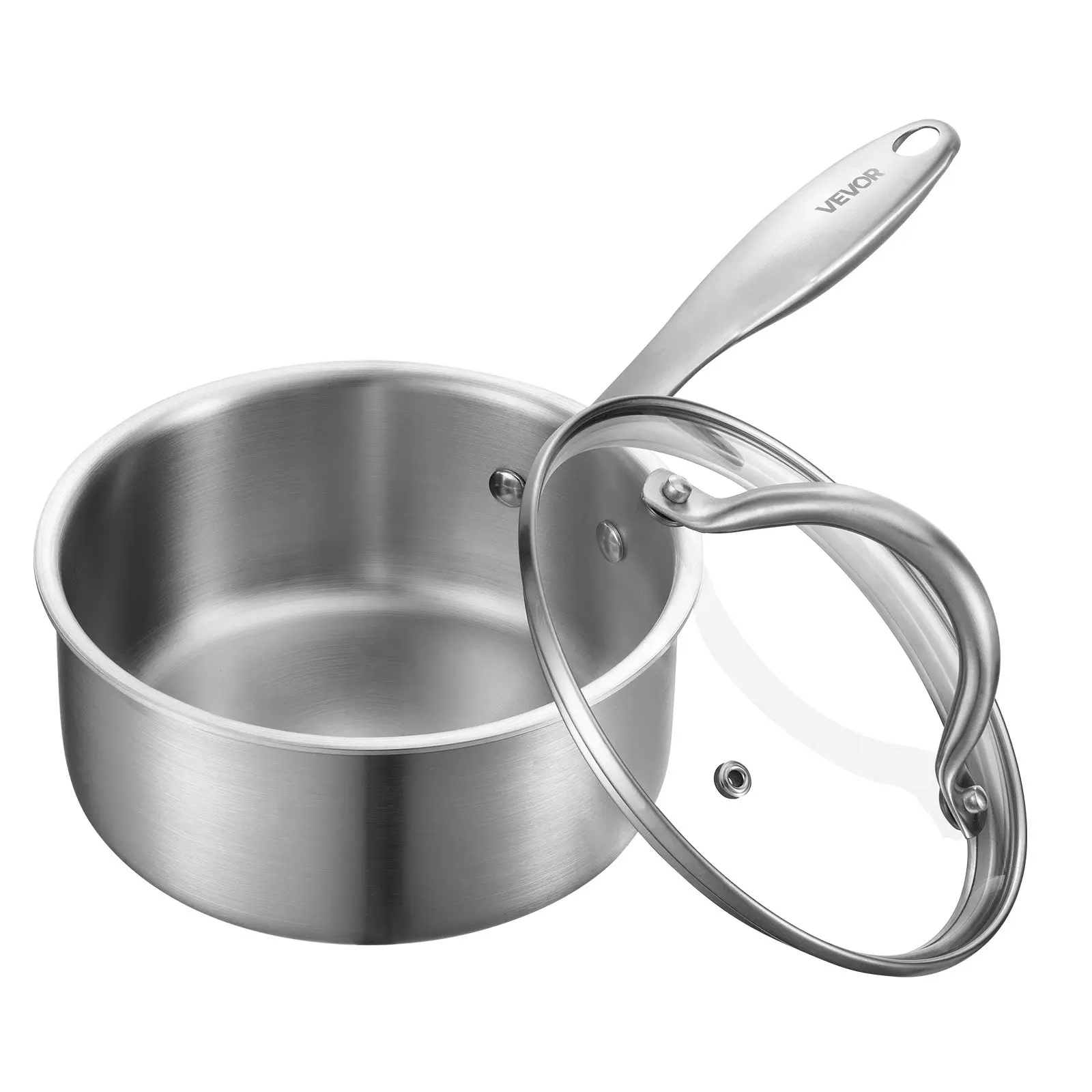 VEVOR 1.5 QT Saucepan, Stainless Steel Saucepan with Glass Lid, Multipurpose Nonstick Stainless Steel Small Cooking Sauce Pot with Ergonomic Handle, Friendly for Oven, Dishwasher, Induction Cooker