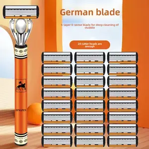 Luxury vintage patterned men's metal razor, 6-layer German stainless steel blade refill set, sharp replacement heads with a comfortable grip, manual shaver suitable for daily beard shaving