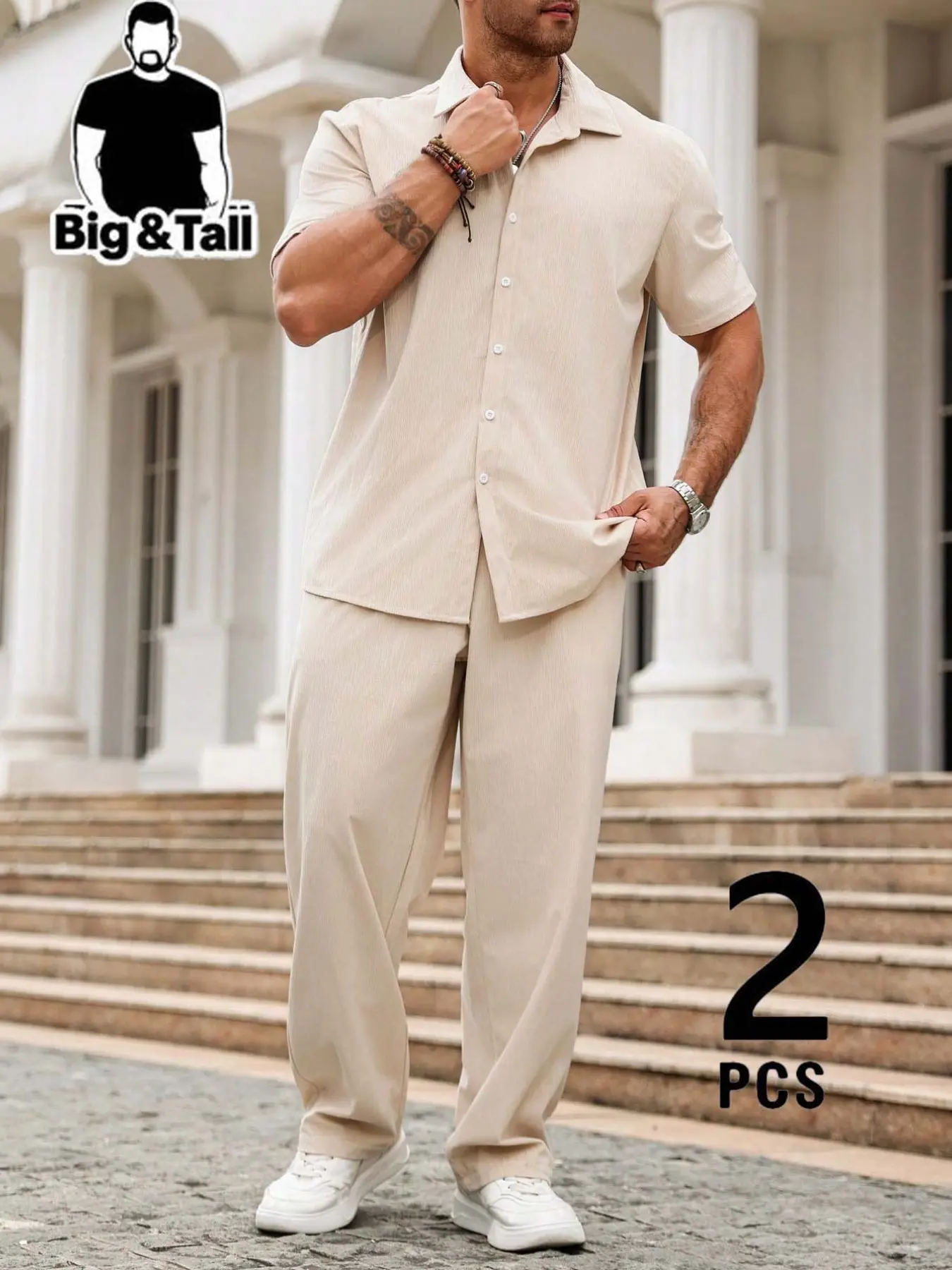 Big & Tall Plus Size Men's Solid Beige Textured Lapel Short Sleeve Shirt Wide Leg Long Pants 2 Pcs Matching Co Ord Set, Loose Relaxed Fit, Light Wrinkle Free Breathable Fabric, Summer Two Piece Outfit For Daily Vacation Casual Outdoor Outfits Clothes