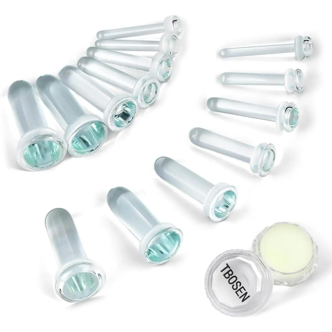 Hypoallergenic Glass Ear Stretching Kit, 14pc Single Flare Plugs with Smooth Finish for Sensitive Skin, 1.6-6mm Gauges with 2.5mm & Jojoba Oil, Body Piercing, 7-10Mm
