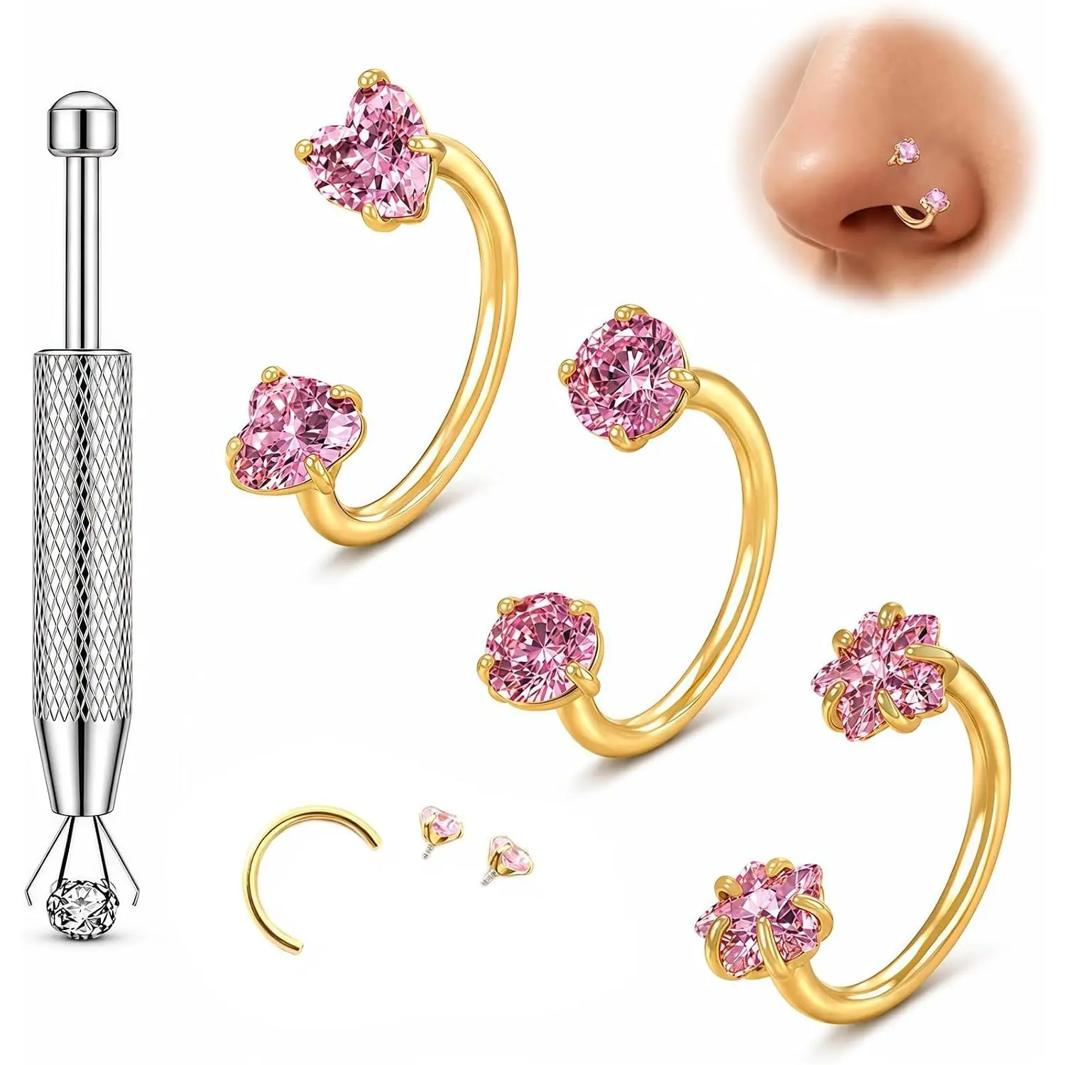 18G 20G G23 Titanium Horseshoe Nose Ring, Double CZ Internally Threaded Septum Hoop   for Women and Men, Cartilage Helix Tragus Labret Lip Earring