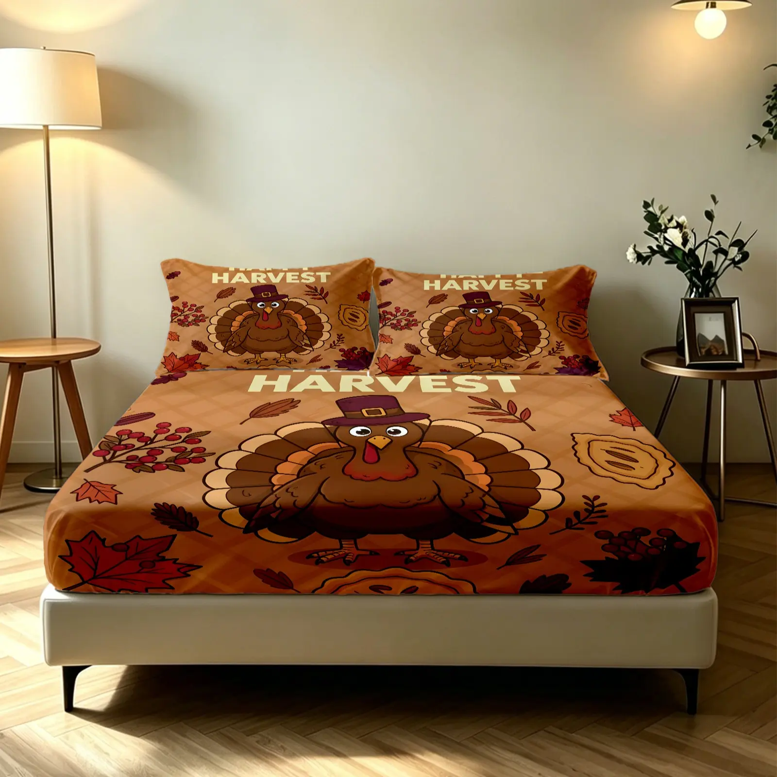 3-Piece Thanksgiving Autumn Harvest Fitted Sheet Set with Assorted Prints, crafted from silky skin-friendly polyester fabric, featuring full-wrap anti-slip mattress protection design, suitable for all ages and usable all year round